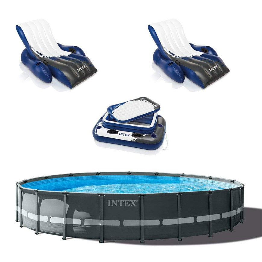 Intex 24ft x 52in Ultra XTR Round Frame Pool, Loungers (2 Pack), Floating Cooler